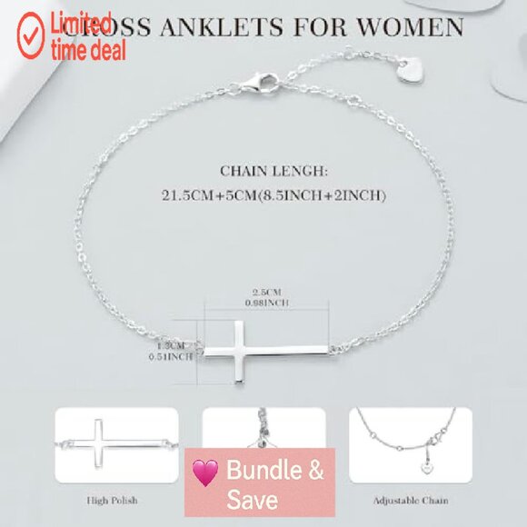 Sterling Silver Cross Anklet Adjustable 8+2 Inch Chain Religious Jewelry Gift - Picture 6 of 8